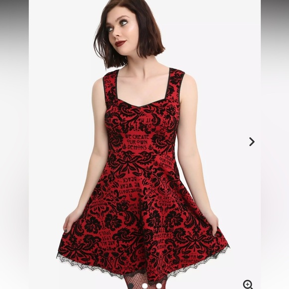 Hot Topic Dresses & Skirts - American Horror Story Flocked Damask Dress Women’s XS Red Black Lace Trim Skater